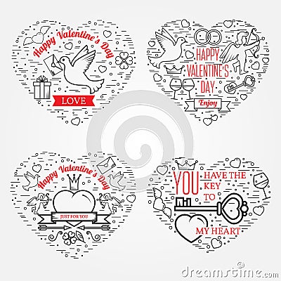 Happy Valentine's Day greetings card, labels, badges, symbols, i Vector Illustration