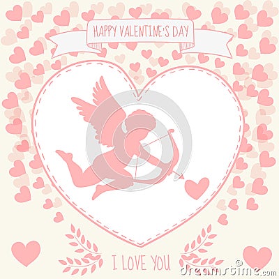 Happy valentine's day gritting card. Cute kupidon is aiming in the heart Vector Illustration