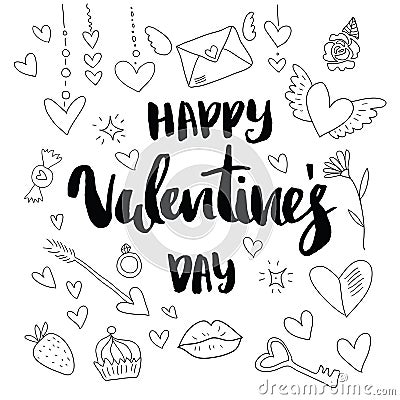 Happy Valentine`s day. Hand drawn brush pen lettering on gold and silver glittering hearts background. design for Vector Illustration