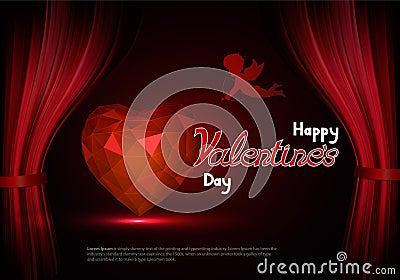 Happy Valentine's Day with a heart and cupid behind the scenes. Vector Illustration