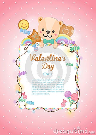 Happy Valentine`s day, holiday colorful bear and dessert on pastel background. Greeting card for Valentine`s day Vector Illustration