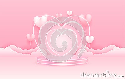 Happy Valentine's Day holiday. Hearts balloons neon and podium product display pink. Vector Illustration