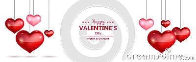 Happy valentine's day horizontal banner with hanging heart shapes Cartoon Illustration