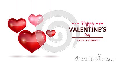 Happy valentine's day horizontal banner with hanging heart shapes Cartoon Illustration