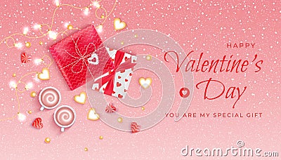 Happy Valentine`s Day Horizontal Web Banner Background Flyer with garlands, candies, confetti, beads, gift boxes, cups of coffee Vector Illustration