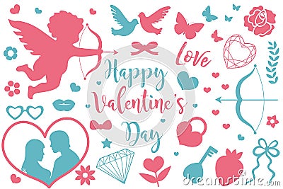 Happy Valentine`s Day icon set of stencil silhouettes. Cute romance love collection of design elements with cupid, heart Vector Illustration