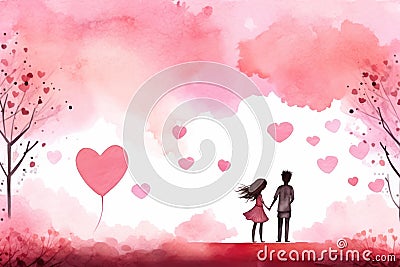 Illustration with hearts, couple, warm pink colors. Watercolor Valentines Day illustration for postcard, Cartoon Illustration