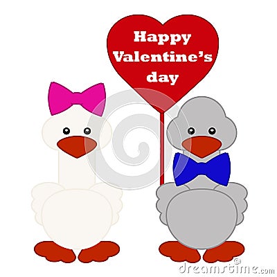 Happy Valentine`s Day Invitation, Greeting or Gift card with cartoon gooses in love Vector Illustration