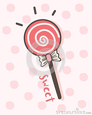 Happy Valentine`s Day with lollipop candy, Valentines Day sweet dessert stick Vector Illustration