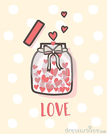 Happy Valentine`s Day Love bottle with hearts inside, Valentines background Vector Illustration