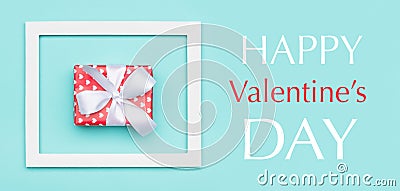 Happy Valentine`s Day Pastel Blue Candy Colour Background. Valentines day flat lay minimal web banner Stock Photo