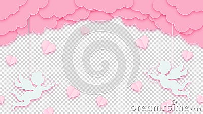 Happy Valentine's Day. Pink clouds or nubes and hearts with amour or cupid on a transparent background. Vector Illustration
