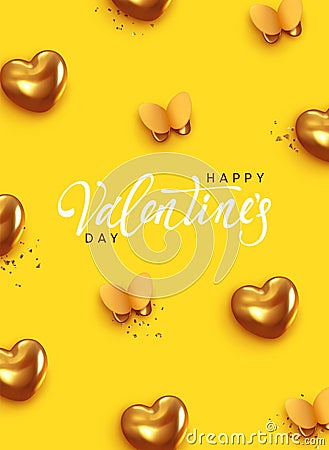 Happy Valentine's Day. Romantic background design with butterflies, gold hearts and glitter confetti. Vector Illustration