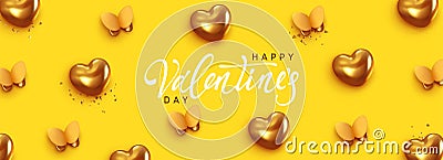 Happy Valentine's Day. Romantic background design with butterflies, gold hearts and glitter confetti. Vector Illustration