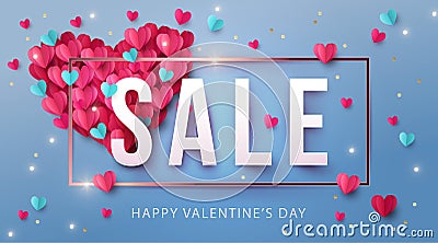 Happy Valentines Day Sale Banner, poster or flyer design with big heart made of pink and blue origami hearts Vector Illustration