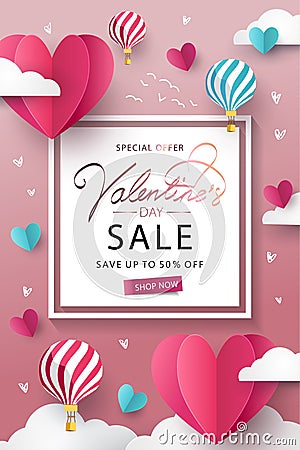 Happy Valentine`s Day Sale background. Banner, poster or flyer design with flying Origami Hearts over clouds with air balloons in Vector Illustration