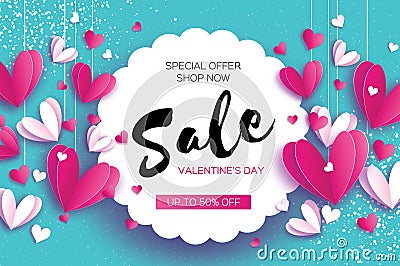Happy Valentine`s day. Sale offer. Origami pink, white hearts in paper cut style on blue sky. Circle wave frame. Text Vector Illustration