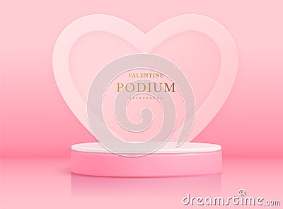 Happy Valentine`s day showcase background with 3d podium and love heart shape. Vector Illustration