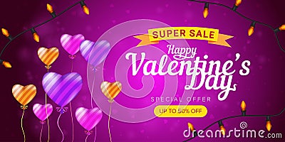 Happy Valentine`s day special offer horizontal flyer template or advertising super sale banner. Vector illustration of flying Vector Illustration