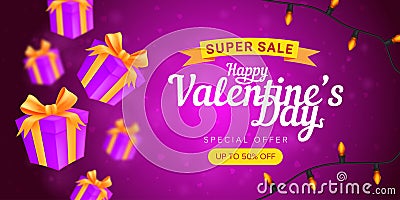 Happy Valentine`s day special offer horizontal flyer template or advertising super sale banner. Vector illustration of flying gif Vector Illustration