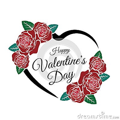 Happy valentine`s day text in black line heart frame with red roses around, flag style vector design Vector Illustration