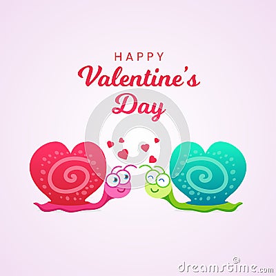 Happy Valentine`s Day with Two snails on falling in love== Cartoon Illustration