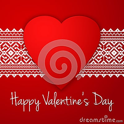 Happy Valentine`s day vector card. With ethnic border white stripe and big red heart. Vector Illustration