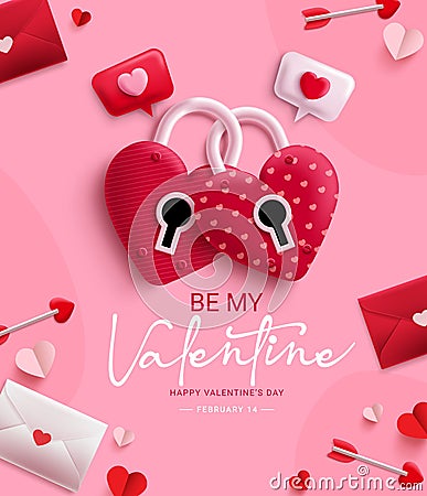 Happy valentine`s day vector design. Be my valentine text with heart padlock love elements symbol. Vector Illustration