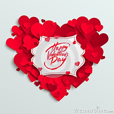 Happy Valentine's Day vector greeting card, brush pen lettering on white banner Vector Illustration