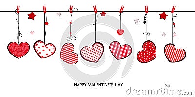 Happy Valentine`s greeting card with hanging hearts Vector Illustration