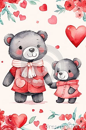 Happy valentine's greeting card with very cute bears, cartoon character. Watercolor Stock Photo