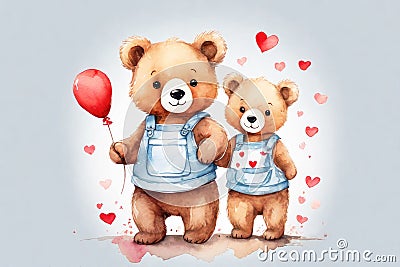 Happy valentine's greeting card with very cute bears, cartoon character. Watercolor Stock Photo