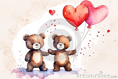 Happy valentine's greeting card with very cute bears, cartoon character. Watercolor Stock Photo