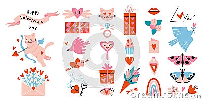 Happy Valentine's Day elements set. Many various romantic objects like hearts, balloons, gifts and sweets, cartoon Vector Illustration