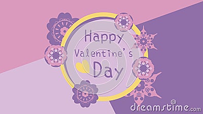 Happy Valentine's Day Messages and a yellow heart on a circle, decorated with flowers on a pink-purple background. Stock Photo