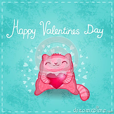 Happy Valentines card. Cute cat with heart. Vector Illustration