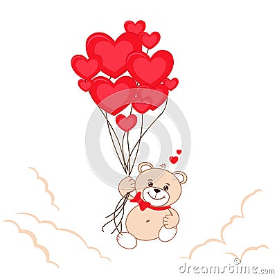 Happy and in love Teddy bear with red hearts Vector Illustration