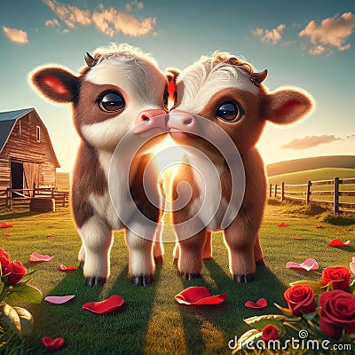 A Happy Valentines Day Adorable Lovable Cows Couple Farm Animals Barnyard Critters Winter Canada AI Generated Stock Photo