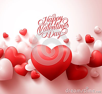 Happy Valentines Day Background with 3D Realistic Red Hearts Vector Illustration