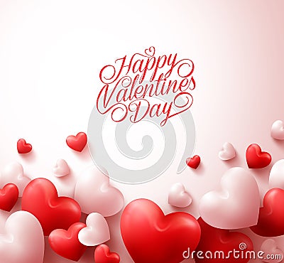 Happy Valentines Day Background with 3D Realistic Red Hearts Vector Illustration