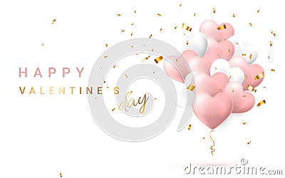 Happy Valentines Day background, flying bunch of pink and white helium balloon in form of heart. Vector illustration Vector Illustration