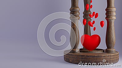 Happy Valentines day background, hourglass with hearts, copy space. Place for text. 3D image, 3D renderin Stock Photo