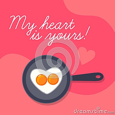 Happy Valentines Day background, lovely scrambled heart shape eggs on frying pan Vector Illustration