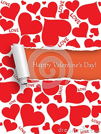 Happy Valentines day background with torn paper, word Love and red hearts on white background Vector Illustration