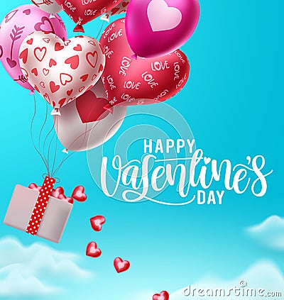 Happy valentines day balloons with falling hearts vector design. Valentines day greeting text with flying colorful air balloon Vector Illustration