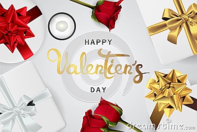 Happy valentines day realistic banner flat lay top view Vector Illustration