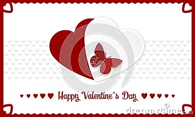 Happy Valentines Day banner with red and white hearts and butterly. Vector Illustration