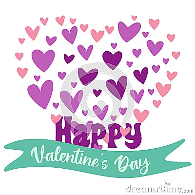 Happy Valentines Day. Big heart made of smaller pink and purple hearts. Heart and green ribbon Vector Illustration
