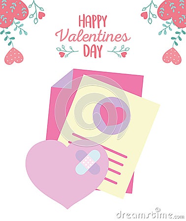 Happy valentines day, broken heart bandage aid letter message hearts leaves decoration Vector Illustration