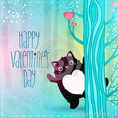 Happy Valentines Day card with cat Vector Illustration